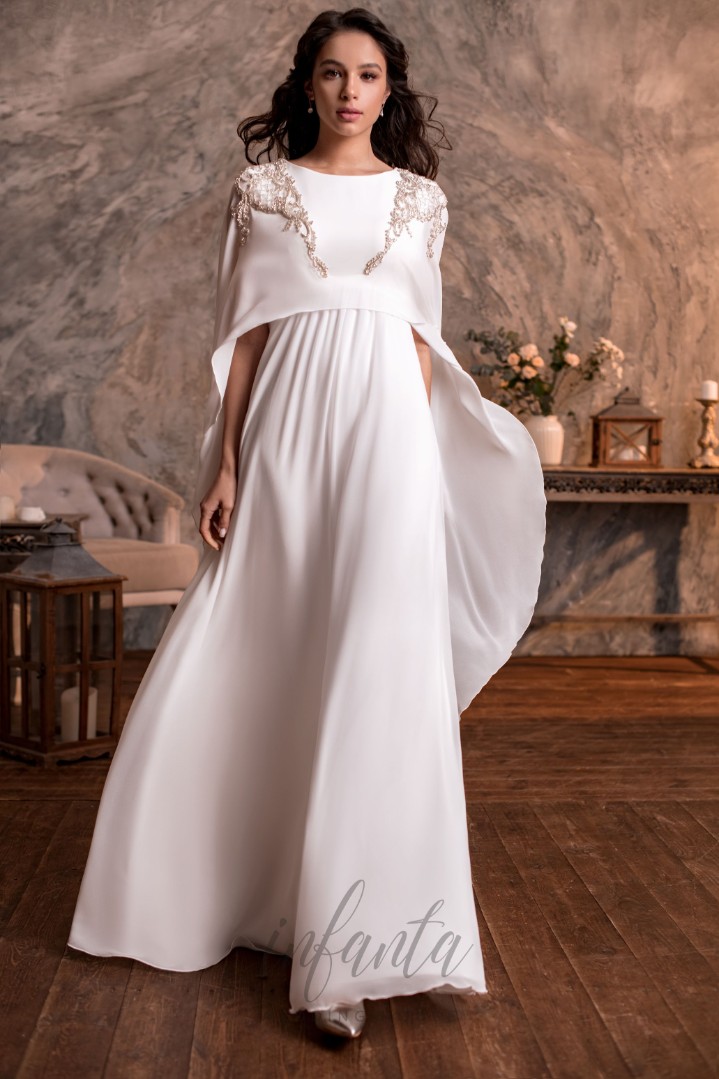 Свадебное платье Акико А-силуэт , Большие размеры, Для беременных, Закрытые, Простые, С рукавами 
