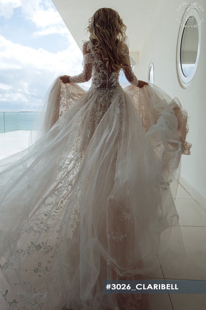 Свадебное платье Кларибел А-силуэт , Закрытые, Кружевные, С рукавами, Со шлейфом 